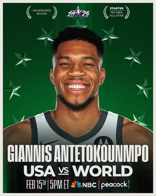 字母哥生涯第10次入选全明星，也是生涯第10次全明星首发